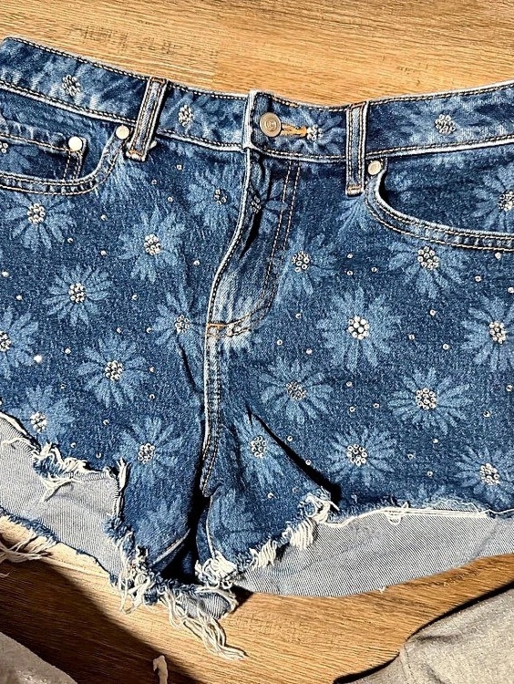 Pink Floral Distressed Denim Jean Shorts in Blue